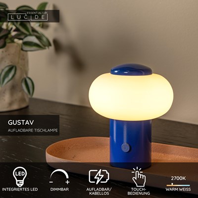 Lucide GUSTAV - wiederaufladbare Tischlampe - Akku/Batterie - Ø 8 cm - LED Dim. - 1x0,8W 2700K - Blau | Essential